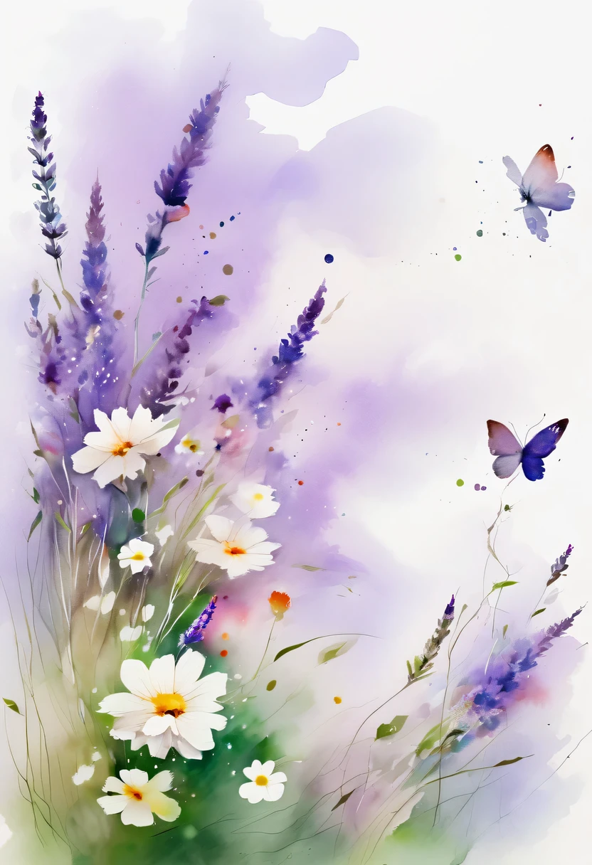 This watercolor flower painting presents an elegant and fresh visual effect。Wildflower and lavender fields,Forming the perfect combination of nature and romance。The screen is dominated by a white background,Highlight isolated watercolor flower。render with ink,Splash technology recreates wet conditions,The atmosphere seems vague and dreamy。Unique composition and abstract expression add to the artistic feel of the picture,Contains elements of surrealism。The overall color tone is mainly light tones,Lilac and green complement each other beautifully,Show high-resolution details。The splash-ink effect adds a touch of agility to the picture,The light color gives the flowers a deep and restrained beauty.。