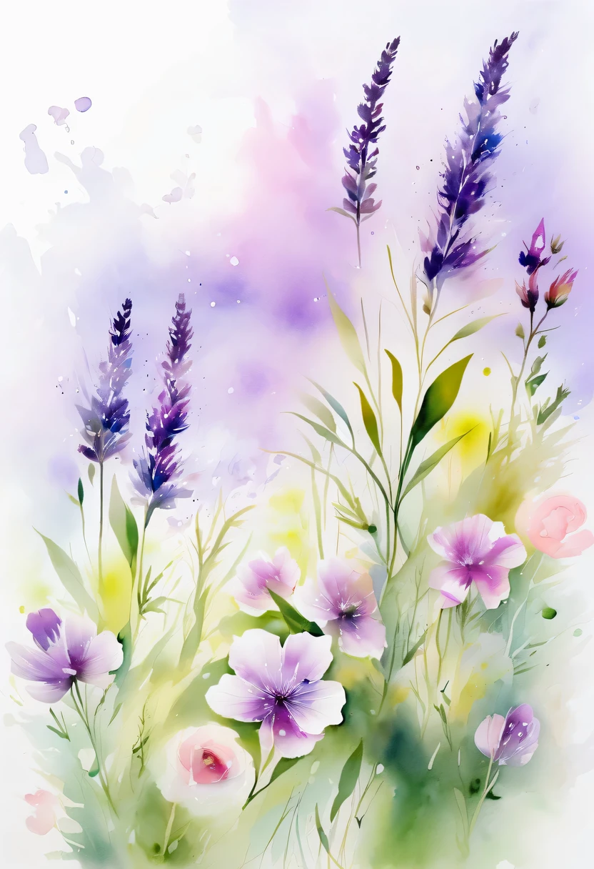 This watercolor flower painting presents an elegant and fresh visual effect。Wildflower and lavender fields,Forming the perfect combination of nature and romance。The screen is dominated by a white background,Highlight isolated watercolor flower。render with ink,Splash technology recreates wet conditions,The atmosphere seems vague and dreamy。Unique composition and abstract expression add to the artistic feel of the picture,Contains elements of surrealism。The overall color tone is mainly light tones,Lilac and green complement each other beautifully,Show high-resolution details。The splash-ink effect adds a touch of agility to the picture,The light color gives the flowers a deep and restrained beauty.。