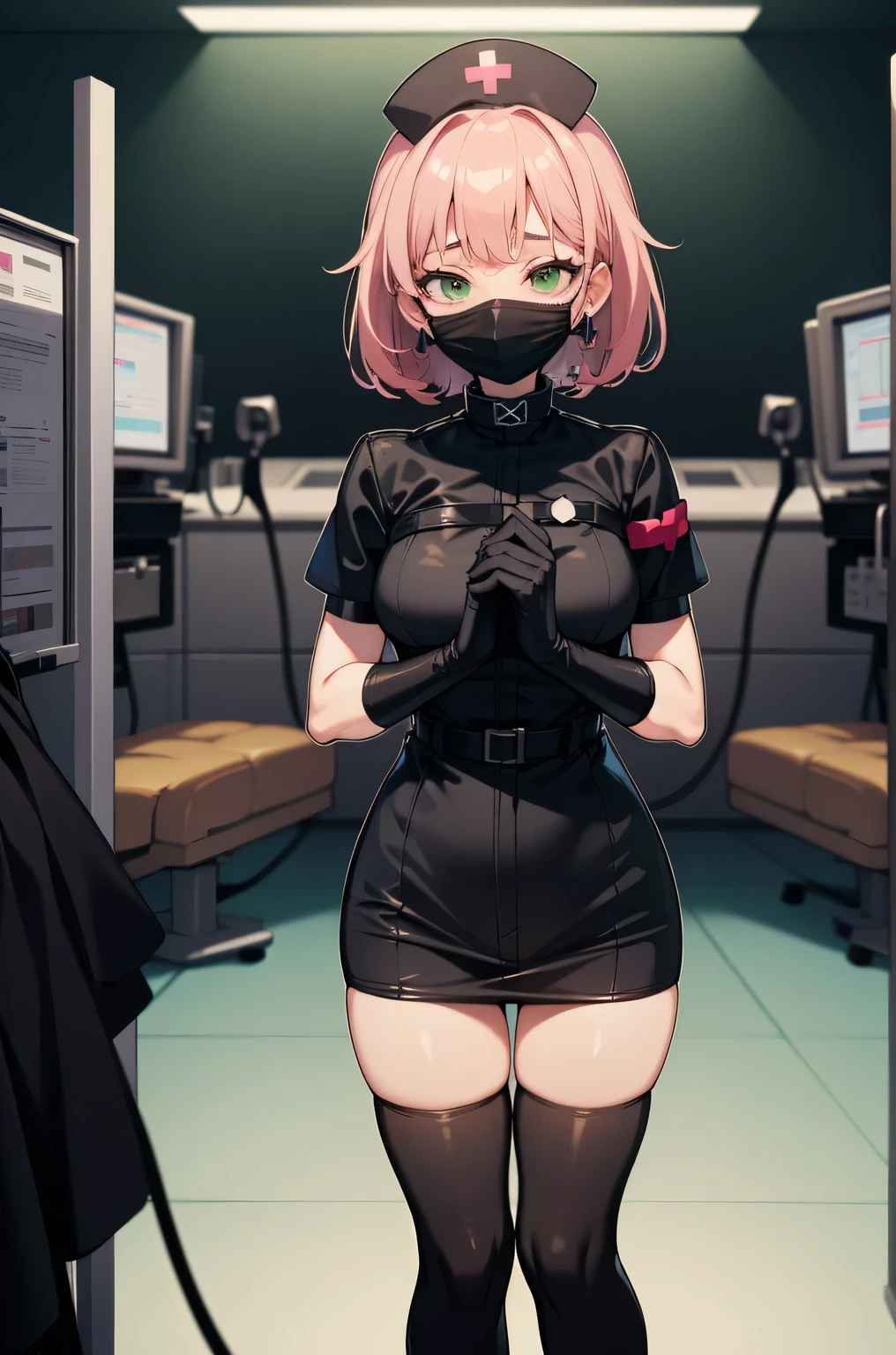 black nurse, 1 female, alone, black nurse cap, Black Wear, ((black legwear, zettai ryouiki)), black elbow gloves, pink hair, green eyes, droopy eyes, ((Black surgical mask, Covered nose)), Are standing, ((operating room)), sharp outline, short sleeve, mature woman, 32 years old, highest quality, masterpiece