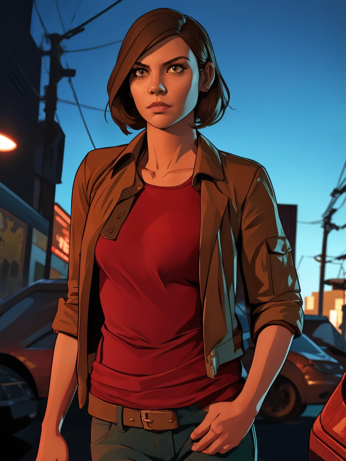 estilo GTA, tela de carregamento GTA, GTA art, (((SOLO))), 1 Girl, 1 garota, sozinha, half body portrait, Retrato de Maggie from TWD, Lauren Cohan face, in The Walking Dead style , fantasia meggies from The Walking Dead, roupas estilo The Walking Dead, (((noite, night))) , altamente detalhado, rosto detalhado, epic, high definition shooting, retrato digital, Lindo, Art Station, comiс style, ((hot body, hot girl, sensual, sexy)), comic, The Walking Dead style. ((a background destroyed city with zombies, zombies)).