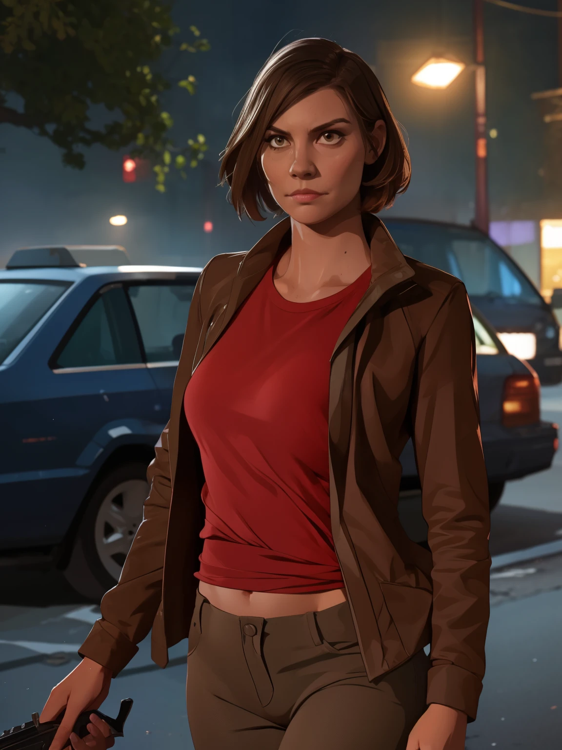 estilo GTA, tela de carregamento GTA, GTA art, (((SOLO))), 1 Girl, 1 garota, sozinha, half body portrait, Retrato de Maggie from TWD, Lauren Cohan face, in The Walking Dead style , fantasia meggies from The Walking Dead, roupas estilo The Walking Dead, (((noite, night))) , altamente detalhado, rosto detalhado, epic, high definition shooting, retrato digital, Lindo, Art Station, comiс style, ((hot body, hot girl, sensual, sexy)), comic, The Walking Dead style. ((a background destroyed city with zombies, zombies)).