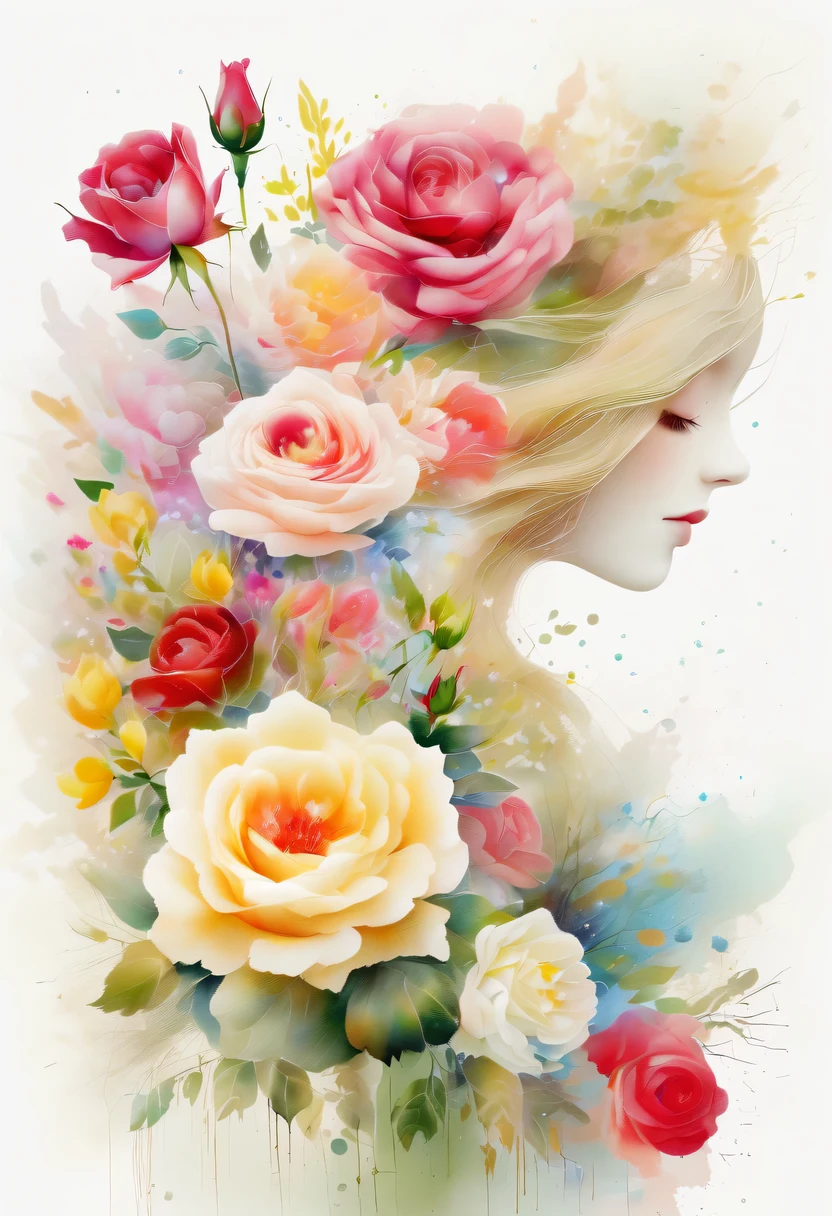 This watercolor flower painting presents an elegant and fresh visual effect。Wildflowers and roses in the field，Forming the perfect combination of nature and romance。The screen is dominated by a white background，Highlight isolated watercolor flower。Splash technology recreates wet conditions，The atmosphere seems vague and dreamy。Unique composition and abstract expression add to the artistic feel of the picture，Contains elements of surrealism。The overall color tone is mainly light tones，Red and gold complement each other，Show high-resolution details。The splash-ink effect adds a touch of agility to the picture，The light color gives the flowers a deep and restrained beauty.