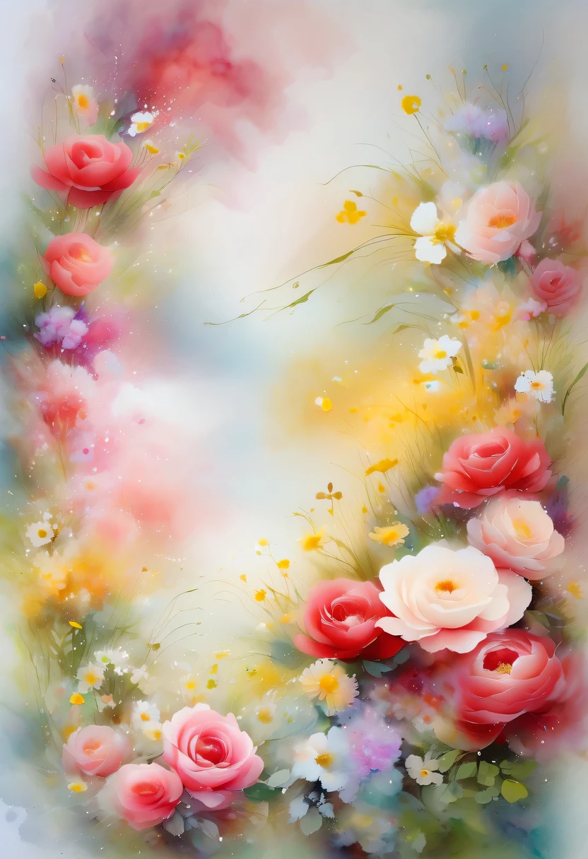 This watercolor flower painting presents an elegant and fresh visual effect。Wildflowers and roses in the field,Forming the perfect combination of nature and romance。The screen is dominated by a white background,Highlight isolated watercolor flower。Splash technology recreates wet conditions,The atmosphere seems vague and dreamy。Unique composition and abstract expression add to the artistic feel of the picture,Contains elements of surrealism。The overall color tone is mainly light tones,Red and gold complement each other,Show high-resolution details。The splash-ink effect adds a touch of agility to the picture,The light color gives the flowers a deep and restrained beauty.