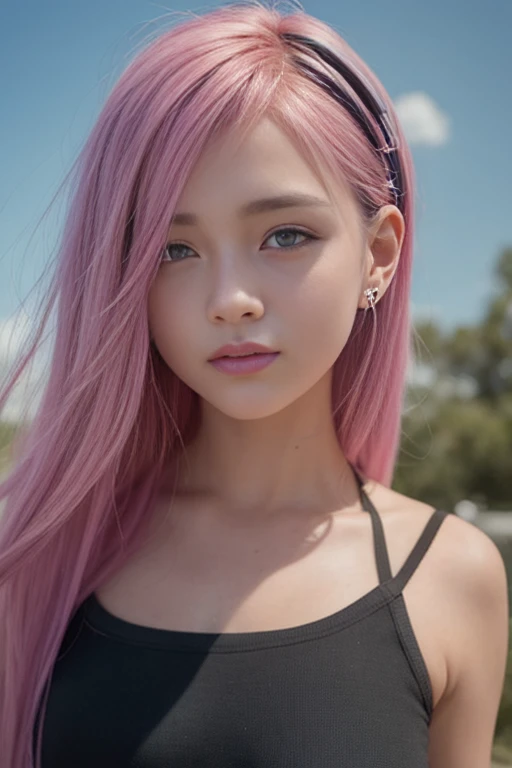 (Mejor calidad,close up standing facing the camera, 4k,8k,high resolution,obra maestra:1.2),ultra detallado,(Realista,photoRealista,photo-Realista:1.37),Estilo Lofi,Hermosa adolescente con cabello arcoiris y auriculares.,retrato,vibras positivas,foto de portada musical,animado