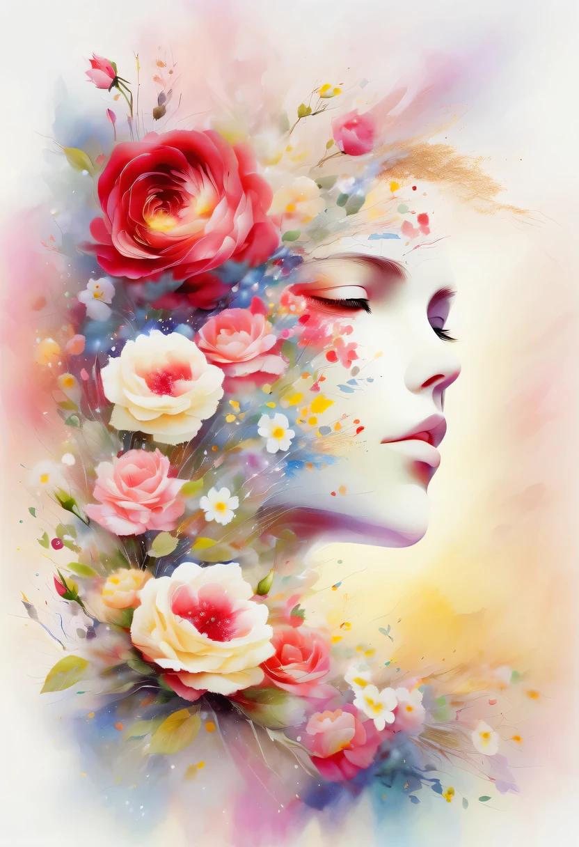 This watercolor flower painting presents an elegant and fresh visual effect。Wildflowers and roses in the field，Forming the perfect combination of nature and romance。The screen is dominated by a white background，Highlight isolated watercolor flower。Splash technology recreates wet conditions，The atmosphere seems vague and dreamy。Unique composition and abstract expression add to the artistic feel of the picture，Contains elements of surrealism。The overall color tone is mainly light tones，Red and gold complement each other，Show high-resolution details。The splash-ink effect adds a touch of agility to the picture，The light color gives the flowers a deep and restrained beauty.
