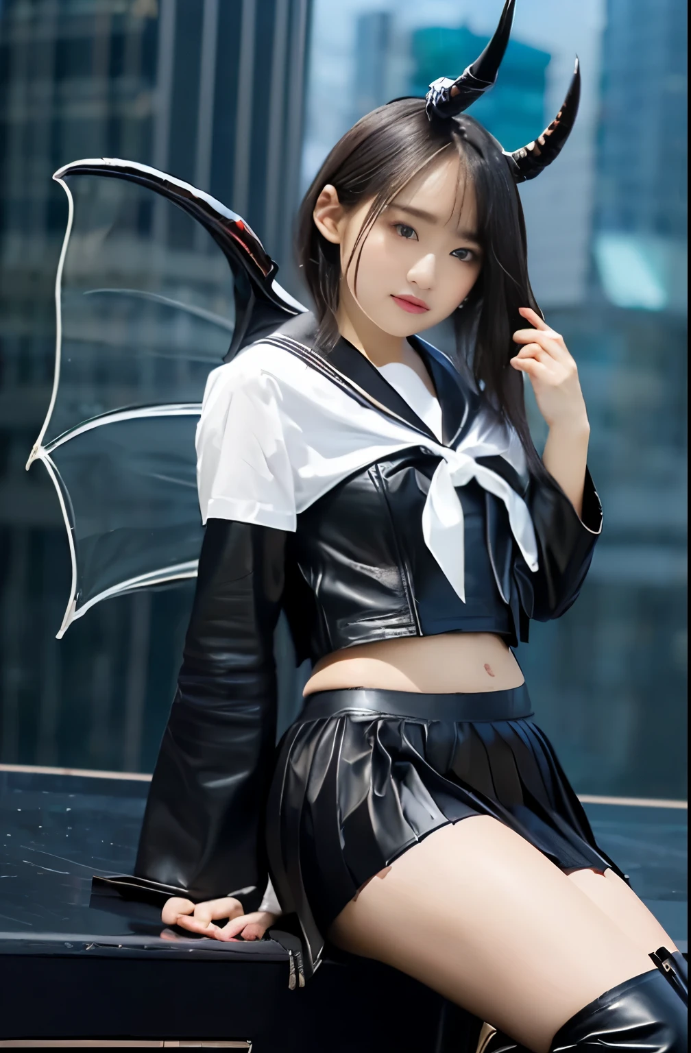 (masterpiece,top-quality,超A high resolution),A Japanese Lady, (((extremely beautyful girl))), Kawaii Girl、View photographer、Front view, ((Bob Hair)), hyper cute face, ((glass)), Glossy lips, Double eyelids in both eyes, Natural makeup, long eyelashes, shiny and smooth hair, central image, Perfect limbs, Perfect Anatomy,(((Black leather sailor suit、Black Leather Pleated Skirt、Navel))),(((Black Leather Knee High Boots))), (((A very cute 30-year-old succubus)))、(((long)))、(((On the head4Devil's horn in the book)))、(((Black giant dragon wings))、(((nightcity))), Halloween, fancy dress, Shibuya, nsfw,