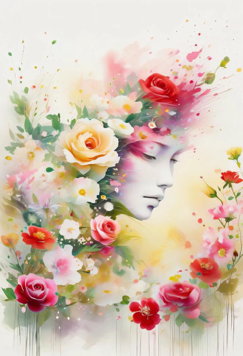 This watercolor flower painting presents an elegant and fresh visual effect。Wildflowers and roses in the field,Forming the perfect combination of nature and romance。The screen is dominated by a white background,Highlight isolated watercolor flower。Splash technology recreates wet conditions,The atmosphere seems vague and dreamy。Unique composition and abstract expression add to the artistic feel of the picture,Contains elements of surrealism。The overall color tone is mainly light tones,Red and gold complement each other,Show high-resolution details。The splash-ink effect adds a touch of agility to the picture,The light color gives the flowers a deep and restrained beauty.