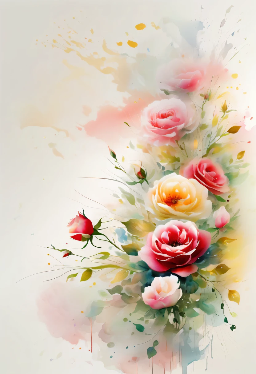This watercolor flower painting presents an elegant and fresh visual effect。Wildflowers and roses in the field,Forming the perfect combination of nature and romance。The screen is dominated by a white background,Highlight isolated watercolor flower。Splash technology recreates wet conditions,The atmosphere seems vague and dreamy。Unique composition and abstract expression add to the artistic feel of the picture,Contains elements of surrealism。The overall color tone is mainly light tones,Red and gold complement each other,Show high-resolution details。The splash-ink effect adds a touch of agility to the picture,The light color gives the flowers a deep and restrained beauty.