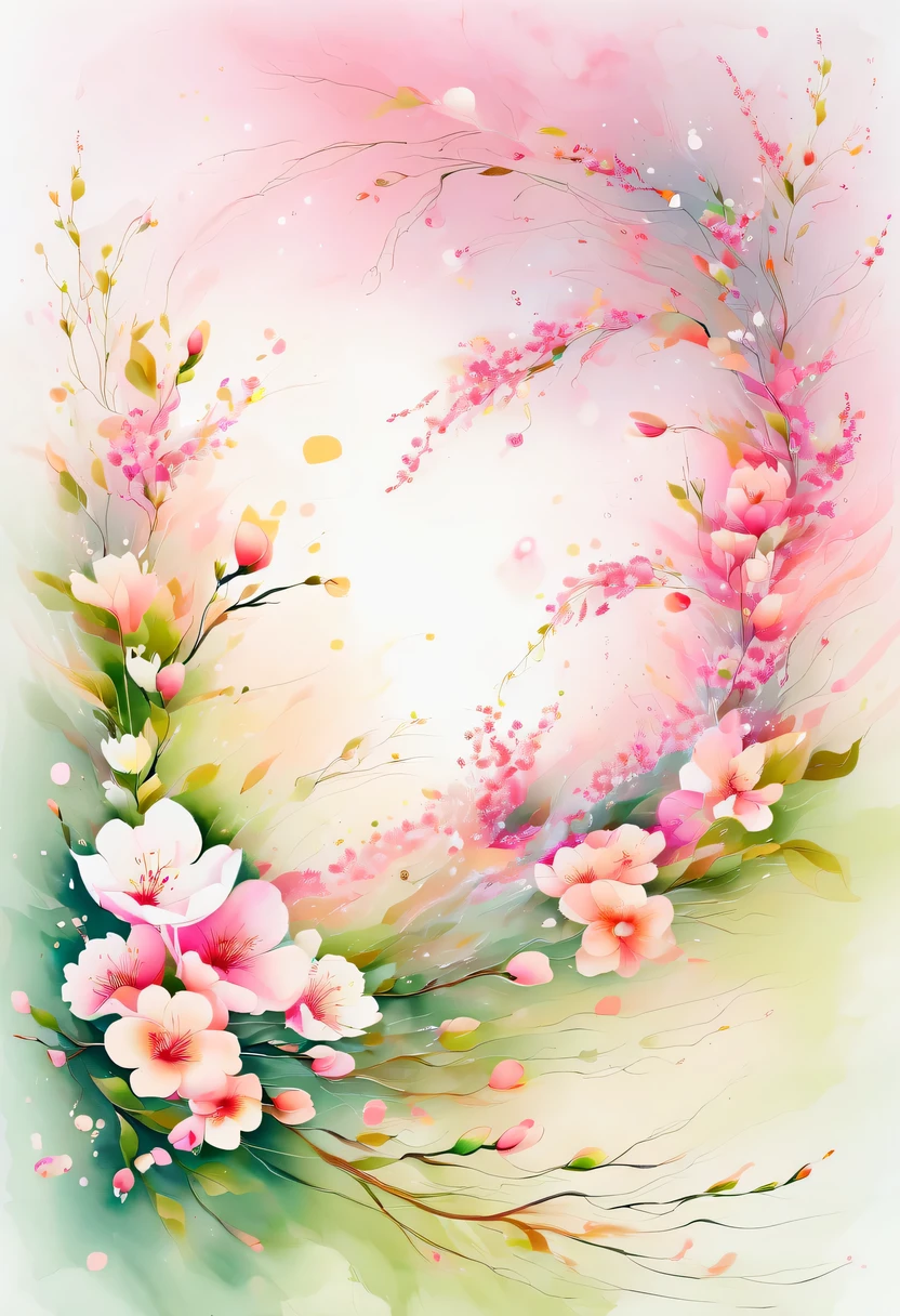 This watercolor flower painting presents an elegant and fresh visual effect。Wild flowers and peach blossoms intertwined in the fields，Forming the perfect combination of nature and romance。The screen is dominated by a white background，Highlight isolated watercolor flower。Splash technology recreates wet conditions，The atmosphere seems vague and dreamy。Unique composition and abstract expression add to the artistic feel of the picture，Contains elements of surrealism。The overall color tone is mainly light tones，Pale pink and green complement each other，Show high-resolution details。The splash-ink effect adds a touch of agility to the picture，The light color gives the flowers a deep and restrained beauty.。