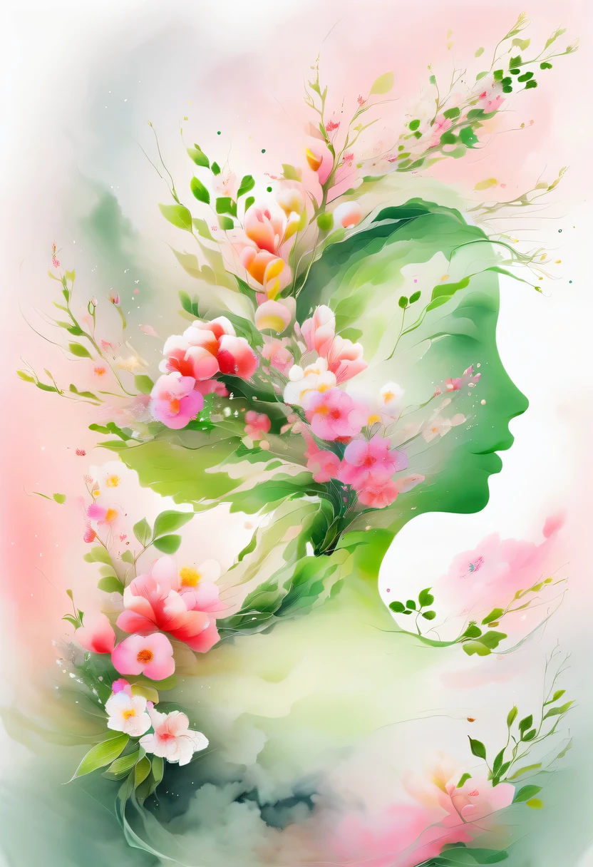 This watercolor flower painting presents an elegant and fresh visual effect。Wild flowers and peach blossoms intertwined in the fields，Forming the perfect combination of nature and romance。The screen is dominated by a white background，Highlight isolated watercolor flower。Splash technology recreates wet conditions，The atmosphere seems vague and dreamy。Unique composition and abstract expression add to the artistic feel of the picture，Contains elements of surrealism。The overall color tone is mainly light tones，Pale pink and green complement each other，Show high-resolution details。The splash-ink effect adds a touch of agility to the picture，The light color gives the flowers a deep and restrained beauty.。