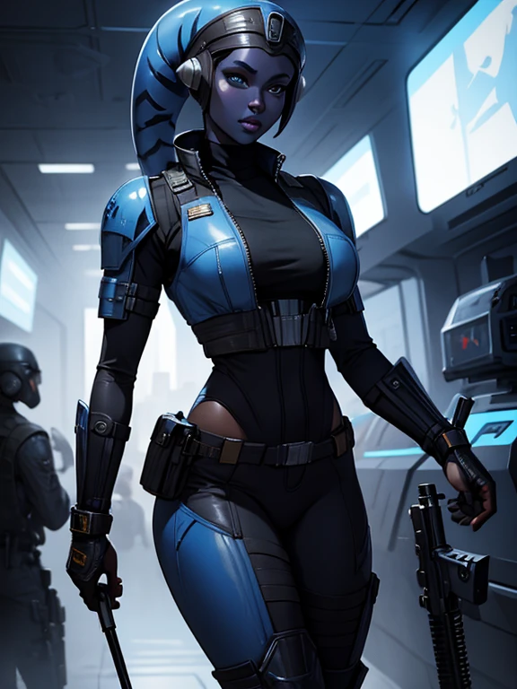 ((Masterpiece)), ((best quality)), ultra detailed,  ((blue skin)), (twi'lek), standing, holding plasma rifle, shooting, (wearing military jacket, bulletproof vest, black trousers, black pants, tight, boots, (busty), slender body, thin, slim sexy body, slim waist, medium breasts), , Star Wars, battle, cinematic lighting , sci-fi city, cyberpunk 