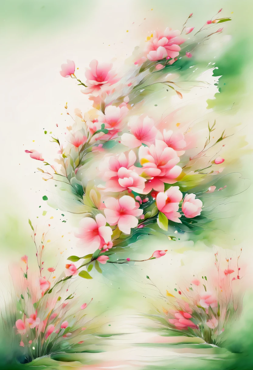 This watercolor flower painting presents an elegant and fresh visual effect。Wild flowers and peach blossoms intertwined in the fields,Forming the perfect combination of nature and romance。The screen is dominated by a white background,Highlight isolated watercolor flower。Splash technology recreates wet conditions,The atmosphere seems vague and dreamy。Unique composition and abstract expression add to the artistic feel of the picture,Contains elements of surrealism。The overall color tone is mainly light tones,Pale pink and green complement each other,Show high-resolution details。The splash-ink effect adds a touch of agility to the picture,The light color gives the flowers a deep and restrained beauty.。