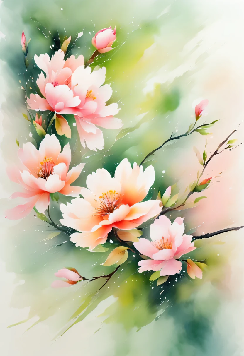 This watercolor flower painting presents an elegant and fresh visual effect。Wild flowers and peach blossoms intertwined in the fields，Forming the perfect combination of nature and romance。The screen is dominated by a white background，Highlight isolated watercolor flower。Splash technology recreates wet conditions，The atmosphere seems vague and dreamy。Unique composition and abstract expression add to the artistic feel of the picture，Contains elements of surrealism。The overall color tone is mainly light tones，Pale pink and green complement each other，Show high-resolution details。The splash-ink effect adds a touch of agility to the picture，The light color gives the flowers a deep and restrained beauty.。