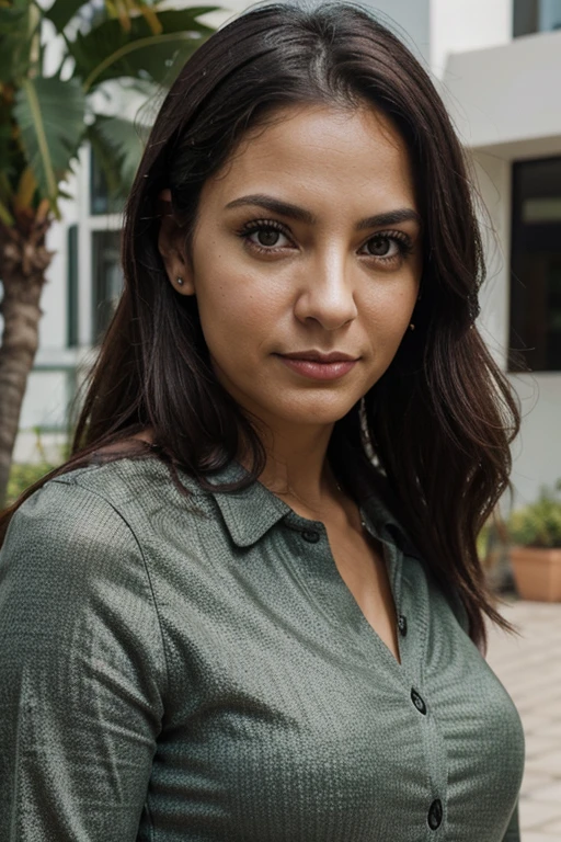 create a realistic photo profile for a latin mid-age woman, black air, green eyes, looking at the camera, working as Customer Success Manager in an IT company.