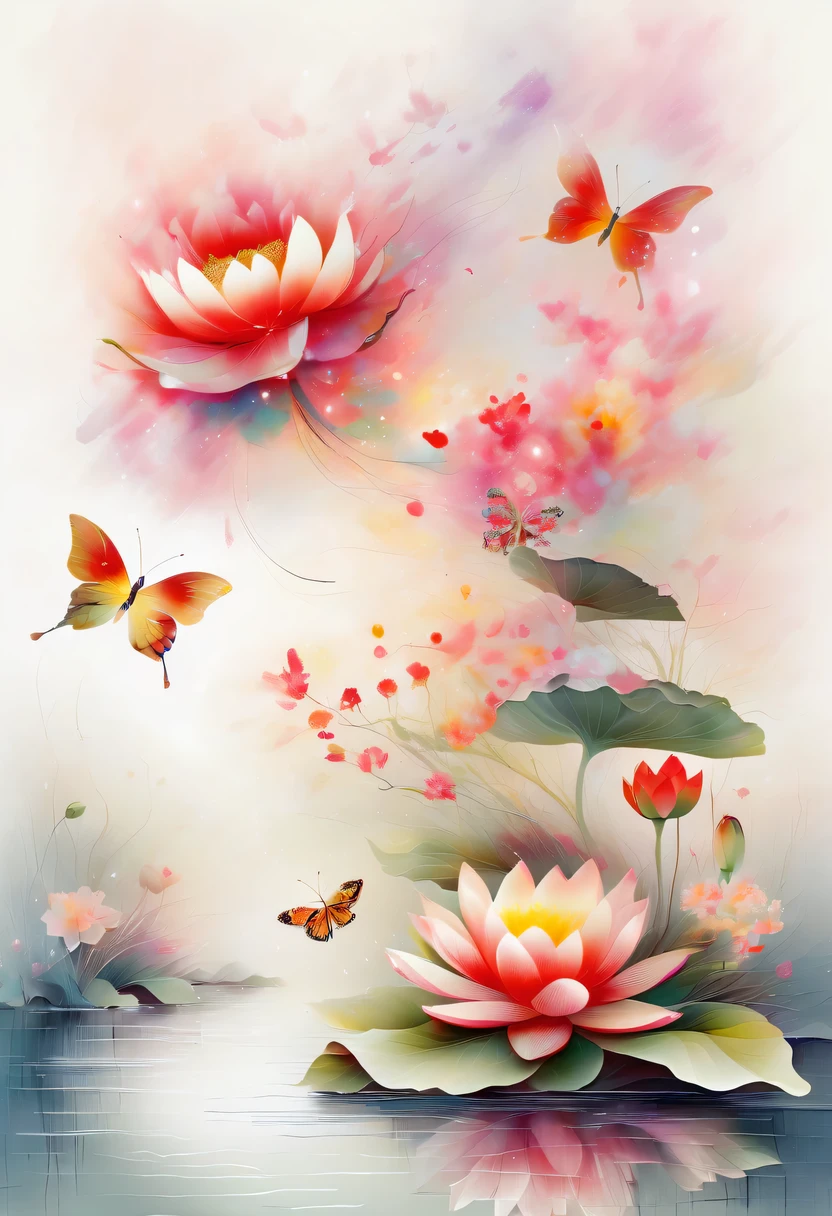 This abstract watercolor flower painting offers a light and refreshing visual effect。Lotus flowers and butterflies intertwined in the lake,Forming the perfect combination of nature and romance。The screen is dominated by a white background,Highlight isolated watercolor flower。Splash technology recreates wet conditions,The atmosphere seems vague and dreamy。Unique composition and abstract expression add to the artistic feel of the picture,Contains elements of surrealism。The overall color tone is mainly light tones,Red and gold complement each other,Show high-resolution details。The splash-ink effect adds a touch of agility to the picture,The light color gives the flowers a deep and restrained beauty.