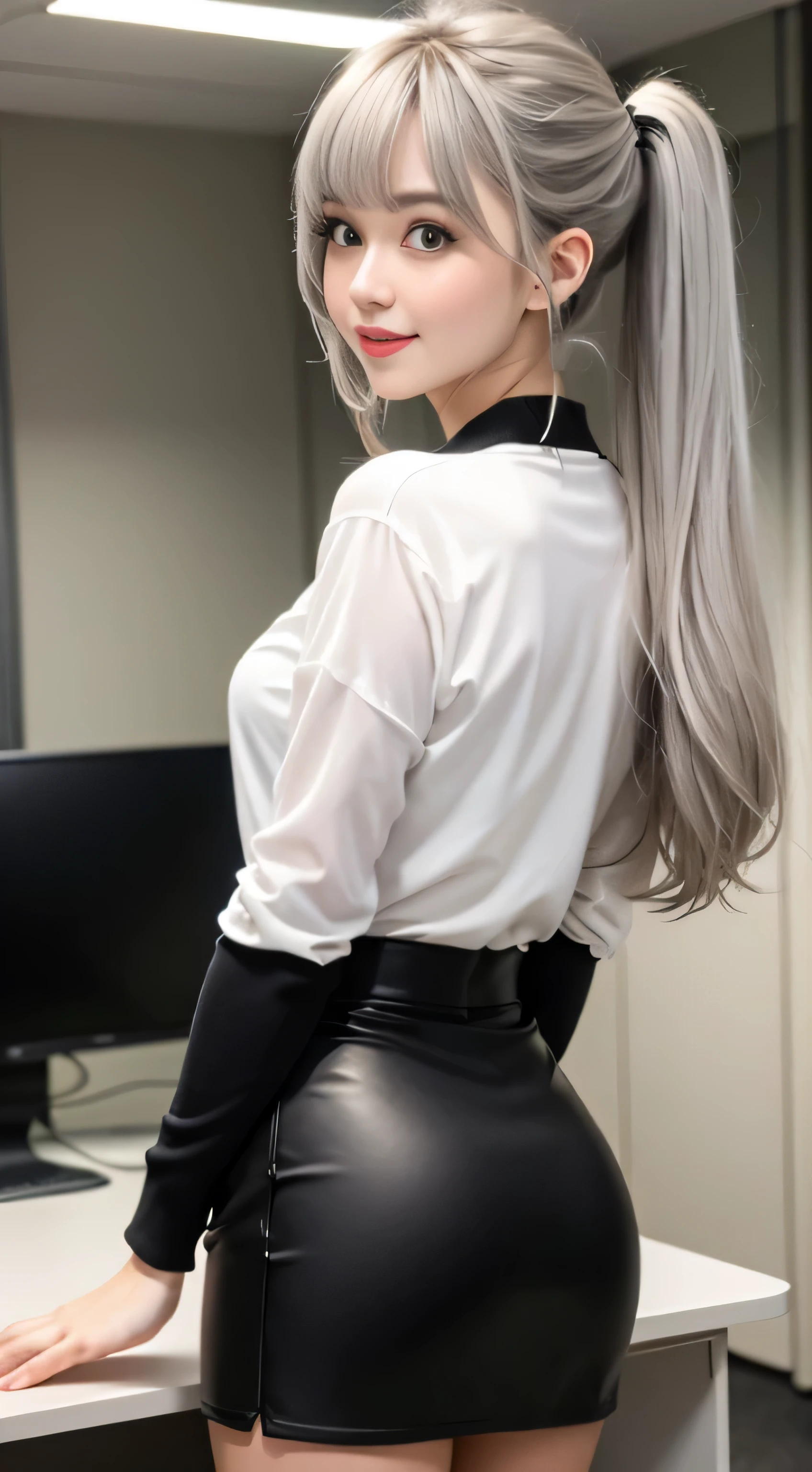 (girl standing in office room)、((Rear view)), silver hair, bangs, 鈍いbangs, long straight hair, (side ponytail)aqua eye, long eyelashes, three-dimensional round eyes, compensate, open your mouth, blush, parted lips, bright pupils, smiley, enchanting smile, shine, surrealism, modern,career woman、)lou(white shirt、off shoulder tight skirt、black pantyhose、high heels、(ホワイトlouスクロップトップ, black tight skirt: 1.6)、(wearing glasses)、