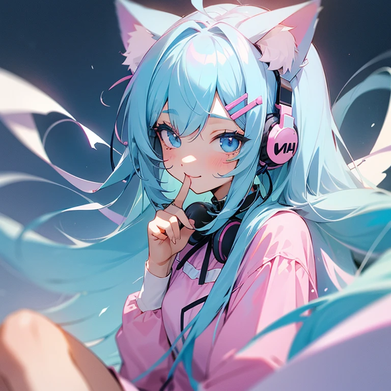 light blue hair, long hair, hair clip, hair ribbon, mole under eye, cat ear headphones, Pastel colored rooms, sitting, beautiful girl, A little juvenile, angel ring, DJ, gentle smile, pink clothes, White inner