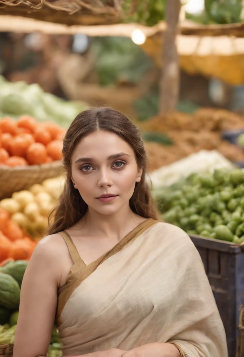 Masterpiece, highres, 8k,Elizabeth Olsen in simple Indian saree,in local market, buying vegetables, cinematic light, ultra skin texture.,NUDE NAKED