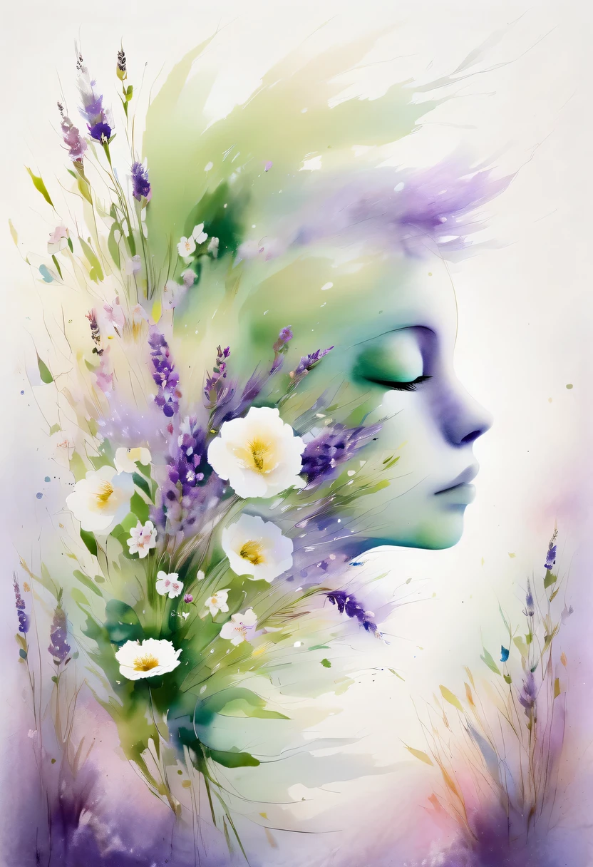 This watercolor flower painting presents an elegant and fresh visual effect。Wildflower and lavender fields,Forming the perfect combination of nature and romance。The screen is dominated by a white background,Highlight isolated watercolor flower。render with ink,Splash technology recreates wet conditions,The atmosphere seems vague and dreamy。Unique composition and abstract expression add to the artistic feel of the picture,Contains elements of surrealism。The overall color tone is mainly light tones,Lilac and green complement each other beautifully,Show high-resolution details。The splash-ink effect adds a touch of agility to the picture,The light color gives the flowers a deep and restrained beauty.。