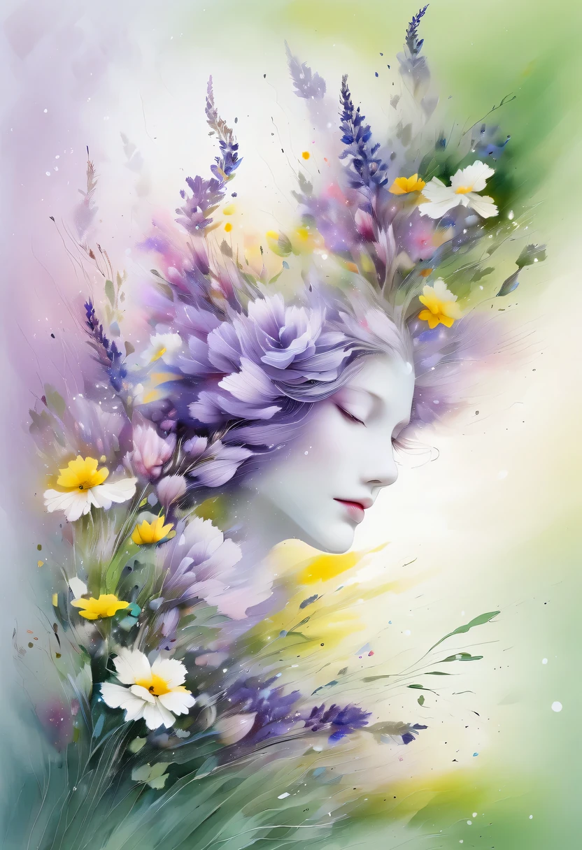 This watercolor flower painting presents an elegant and fresh visual effect。Wildflower and lavender fields，Forming the perfect combination of nature and romance。The screen is dominated by a white background，Highlight isolated watercolor flower。render with ink，Splash technology recreates wet conditions，The atmosphere seems vague and dreamy。Unique composition and abstract expression add to the artistic feel of the picture，Contains elements of surrealism。The overall color tone is mainly light tones，Lilac and green complement each other beautifully，Show high-resolution details。The splash-ink effect adds a touch of agility to the picture，The light color gives the flowers a deep and restrained beauty.。