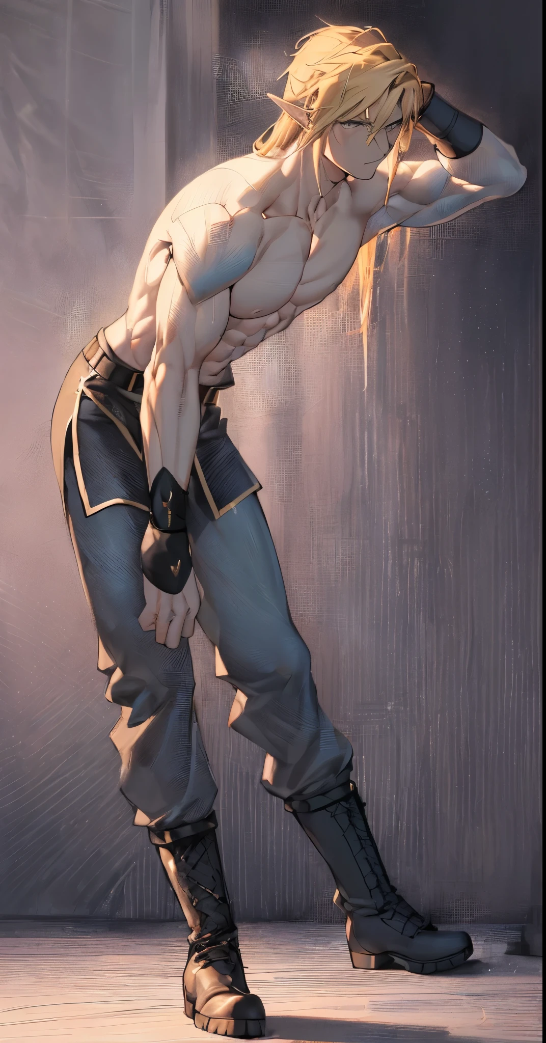 a close up of a man with blonde hair and no shirt, perfect anatomy, perfect male body,handsome guy, :: high detail, blonde, anime boy, blonde waist-long hair, handsome anime pose, smooth skin,link, masterpiece,detailed, intricate,4k,digital painting,pants,martial arts,black belt, muscular,perfect abs,warrior,sportive,seductive,horny,(smiling:0.5)(evil:0.3)(from below:1.2),(indoor)(palace)(one hand behind head),serious, confident,looking at viewer,maledom,prince,dominant, bdsm,sports,sportive, sweatpants,(black tight long sleeve shirt:1.4),dominant,confident,strong, tall,godlike,(combat boots:1.4), sportswear 