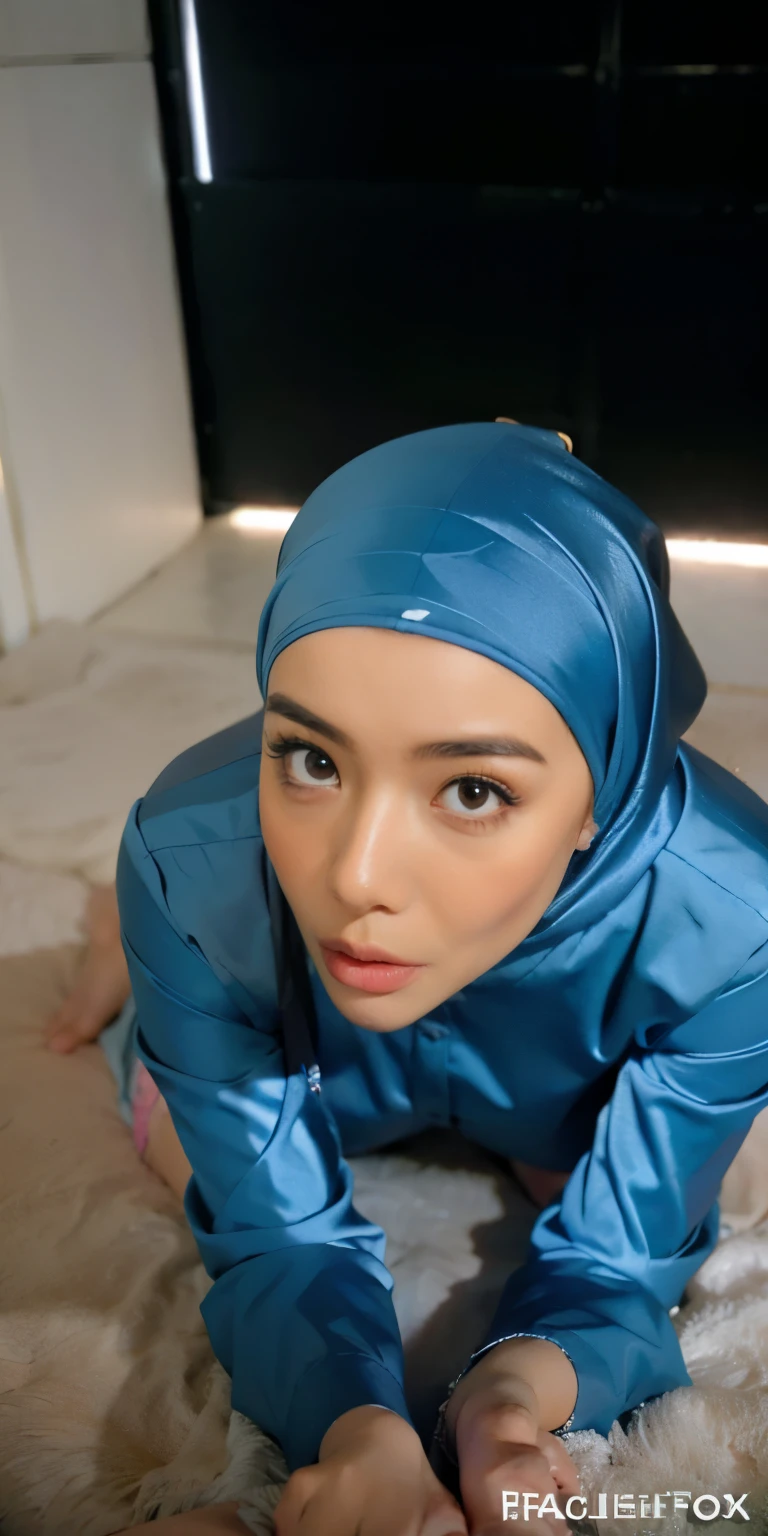 1 matured malay girl in hijab wear sexy wet blue satin bra and panties kneeling, nighttime, neon city lights, upper body, close-up, seducing, big sagging breast, cum on face, (8k, RAW photo, best quality, masterpiece:1.2),(realistic, photo-realistic:1.37),