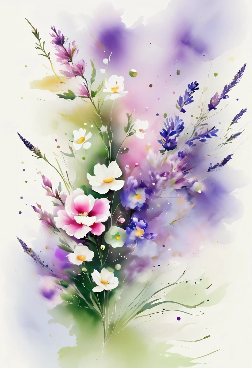 This watercolor flower painting presents an elegant and fresh visual effect。Wildflower and lavender fields,Forming the perfect combination of nature and romance。The screen is dominated by a white background,Highlight isolated watercolor flower。render with ink,Splash technology recreates wet conditions,The atmosphere seems vague and dreamy。Unique composition and abstract expression add to the artistic feel of the picture,Contains elements of surrealism。The overall color tone is mainly light tones,Lilac and green complement each other beautifully,Show high-resolution details。The splash-ink effect adds a touch of agility to the picture,The light color gives the flowers a deep and restrained beauty.。