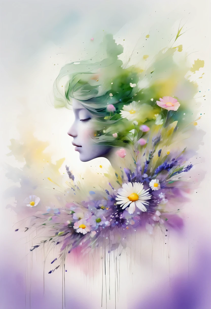 This watercolor flower painting presents an elegant and fresh visual effect。Wildflower and lavender fields，Forming the perfect combination of nature and romance。The screen is dominated by a white background，Highlight isolated watercolor flower。render with ink，Splash technology recreates wet conditions，The atmosphere seems vague and dreamy。Unique composition and abstract expression add to the artistic feel of the picture，Contains elements of surrealism。The overall color tone is mainly light tones，Lilac and green complement each other beautifully，Show high-resolution details。The splash-ink effect adds a touch of agility to the picture，The light color gives the flowers a deep and restrained beauty.。