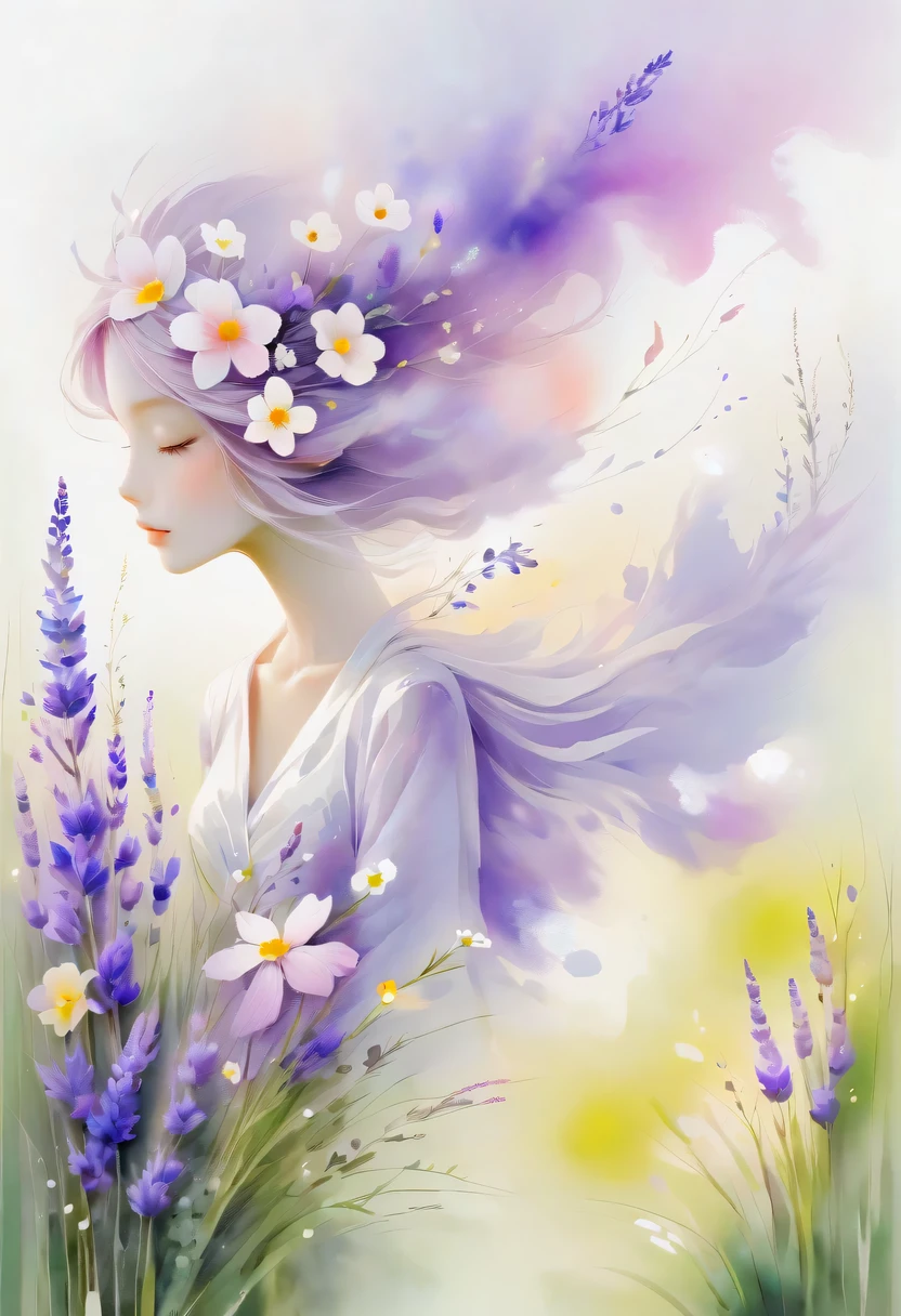 This watercolor flower painting presents an elegant and fresh visual effect。Wildflower and lavender fields，Forming the perfect combination of nature and romance。The screen is dominated by a white background，Highlight isolated watercolor flower。render with ink，Splash technology recreates wet conditions，The atmosphere seems vague and dreamy。Unique composition and abstract expression add to the artistic feel of the picture，Contains elements of surrealism。The overall color tone is mainly light tones，Lilac and green complement each other beautifully，Show high-resolution details。The splash-ink effect adds a touch of agility to the picture，The light color gives the flowers a deep and restrained beauty.。