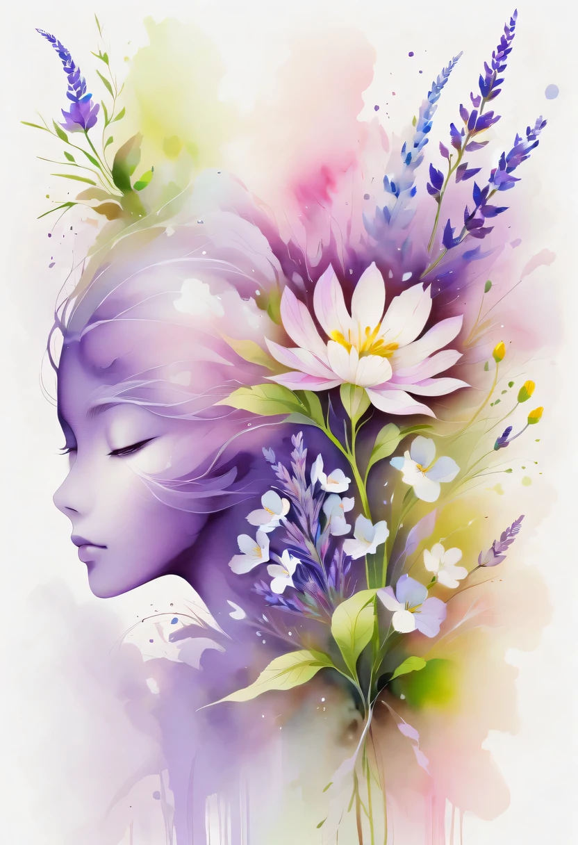 This watercolor flower painting presents an elegant and fresh visual effect。Wildflower and lavender fields，Forming the perfect combination of nature and romance。The screen is dominated by a white background，Highlight isolated watercolor flower。render with ink，Splash technology recreates wet conditions，The atmosphere seems vague and dreamy。Unique composition and abstract expression add to the artistic feel of the picture，Contains elements of surrealism。The overall color tone is mainly light tones，Lilac and green complement each other beautifully，Show high-resolution details。The splash-ink effect adds a touch of agility to the picture，The light color gives the flowers a deep and restrained beauty.。