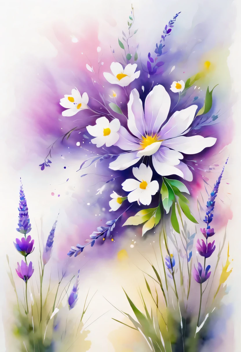 This watercolor flower painting presents an elegant and fresh visual effect。Wildflower and lavender fields，Forming the perfect combination of nature and romance。The screen is dominated by a white background，Highlight isolated watercolor flower。render with ink，Splash technology recreates wet conditions，The atmosphere seems vague and dreamy。Unique composition and abstract expression add to the artistic feel of the picture，Contains elements of surrealism。The overall color tone is mainly light tones，Lilac and green complement each other beautifully，Show high-resolution details。The splash-ink effect adds a touch of agility to the picture，The light color gives the flowers a deep and restrained beauty.。