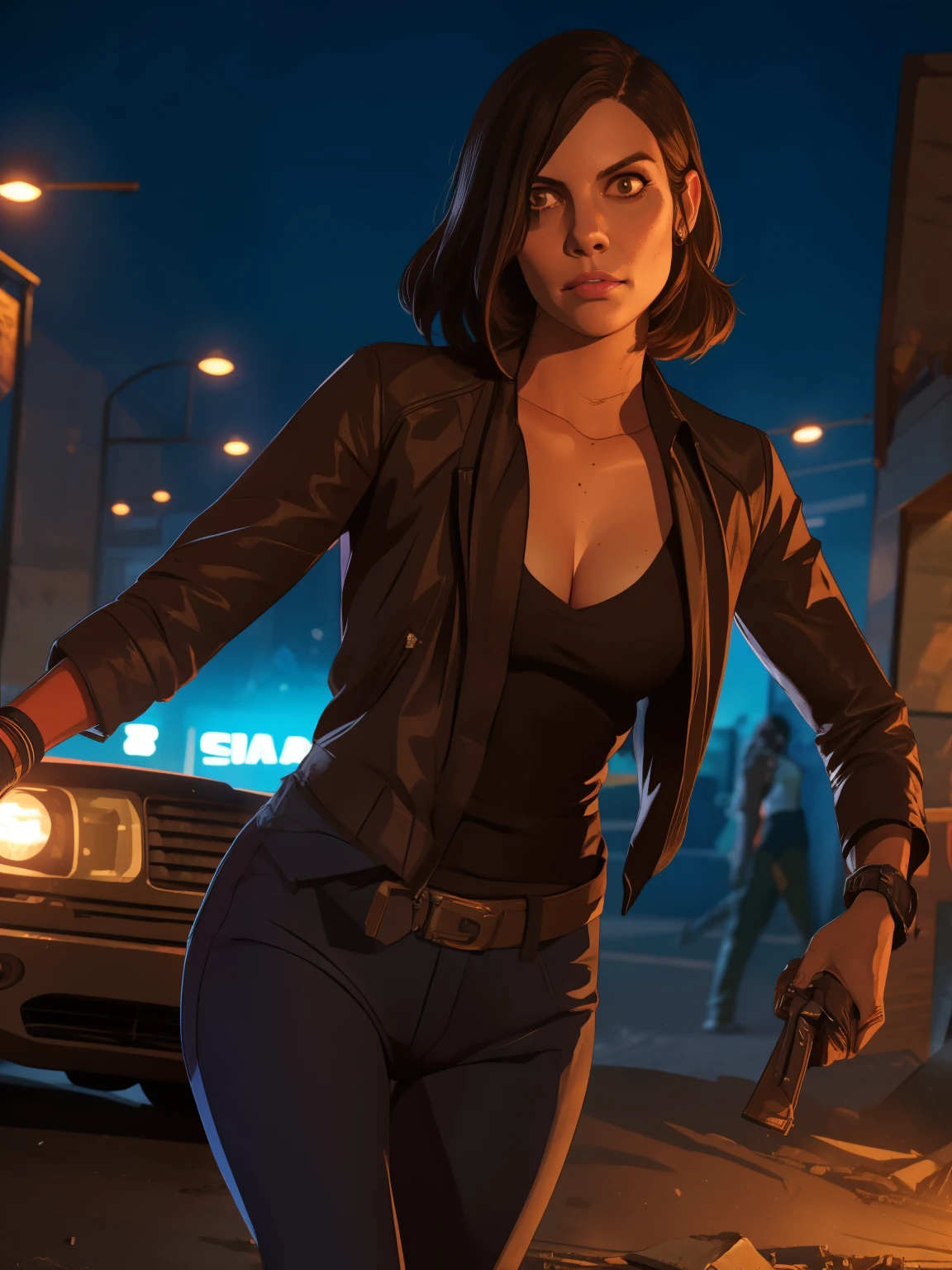 estilo GTA, tela de carregamento GTA, GTA art, (((SOLO))), 1 Girl, 1 garota, sozinha, half body portrait, Retrato de Maggie from TWD ((( in dynamic combat pose ))), Lauren Cohan face, in The Walking Dead style , fantasia meggies from The Walking Dead, roupas estilo The Walking Dead, (((noite, night))) , altamente detalhado, rosto detalhado, epic, high definition shooting, retrato digital, Lindo, Art Station, comiс style, ((hot body, hot girl, sensual, sexy)), comic, The Walking Dead style. ((a background destroyed city with zombies, zombies)).