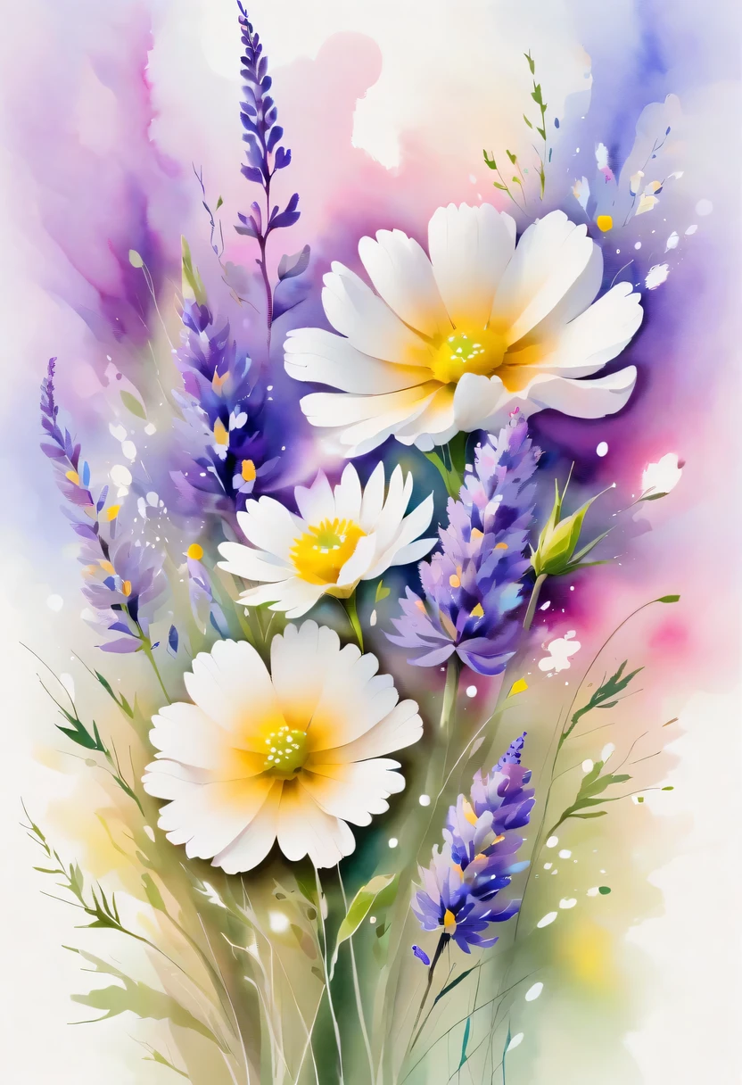 This watercolor flower painting presents an elegant and fresh visual effect。Wildflower and lavender fields，Forming the perfect combination of nature and romance。The screen is dominated by a white background，Highlight isolated watercolor flower。render with ink，Splash technology recreates wet conditions，The atmosphere seems vague and dreamy。Unique composition and abstract expression add to the artistic feel of the picture，Contains elements of surrealism。The overall color tone is mainly light tones，Lilac and green complement each other beautifully，Show high-resolution details。The splash-ink effect adds a touch of agility to the picture，The light color gives the flowers a deep and restrained beauty.。