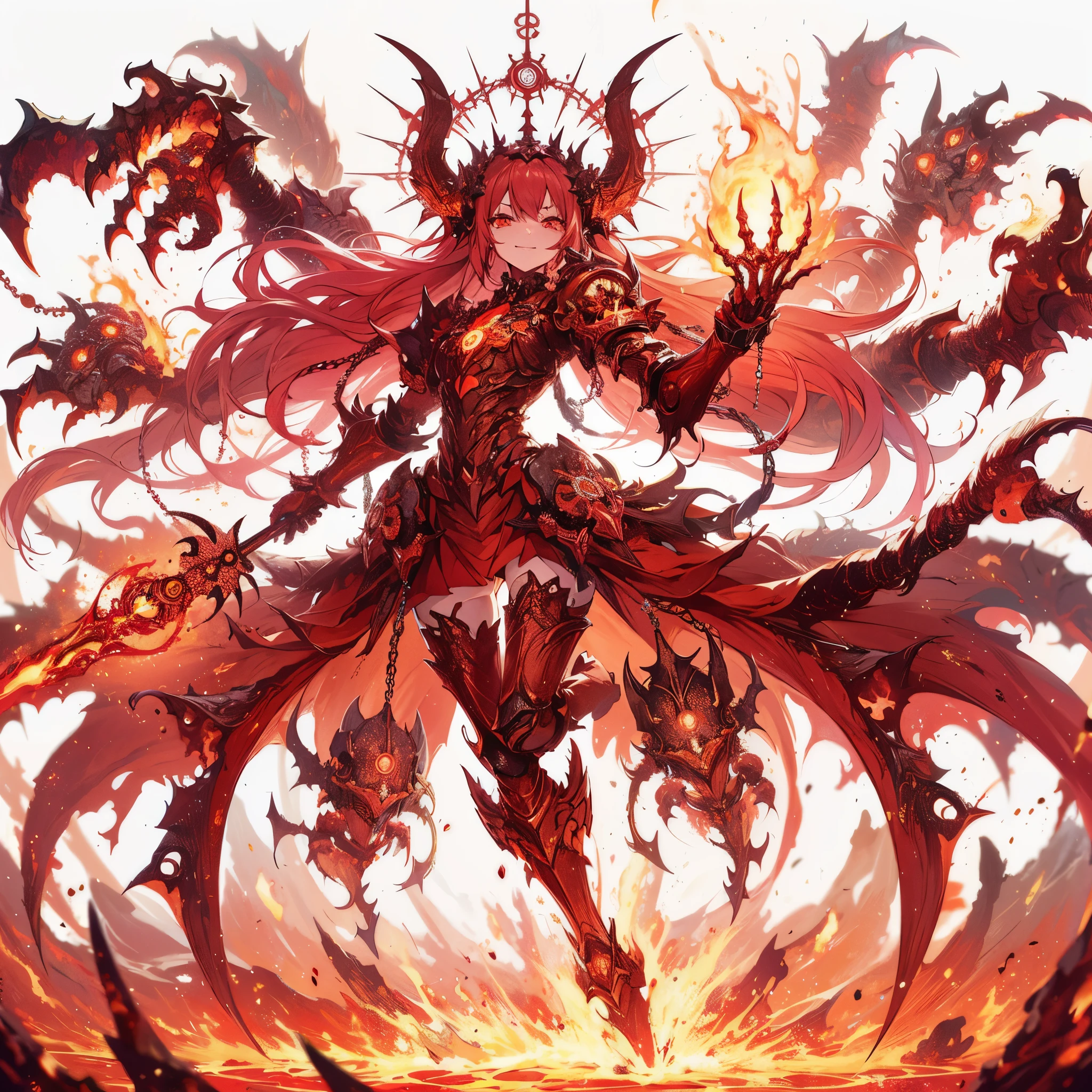 Masterpiece, best quality, ultra-detailed, anime style, full body of Chaos Demon girl, Dull vermilion power armor, tin cane and grimoire, Eyes blazing with hellfire, Asura-like multi-armed, clawed and tailed, supernatural Lightning and flame, ((Eight-pointed star symbol)), war hammer 40K, 8k high resolution, trending art station, white background, whole body,standing on magma, wining smile