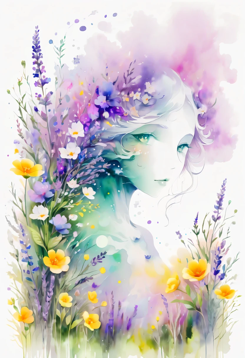 This watercolor flower painting presents an elegant and fresh visual effect。Wildflower and lavender fields,Forming the perfect combination of nature and romance。The screen is dominated by a white background,Highlight isolated watercolor flower。render with ink,Splash technology recreates wet conditions,The atmosphere seems vague and dreamy。Unique composition and abstract expression add to the artistic feel of the picture,Contains elements of surrealism。The overall color tone is mainly light tones,Lilac and green complement each other beautifully,Show high-resolution details。The splash-ink effect adds a touch of agility to the picture,The light color gives the flowers a deep and restrained beauty.。