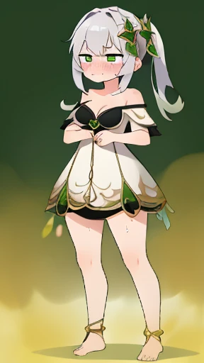 masterpiece、best quality、Exquisite、High resolution、extremely delicate and beautiful、(gray hair)、close up shot、(green eyes)、(sweaty)、red face、cleavage、off shoulder attire,full body photo,perfect body,woman stinks、fart、shyness、blush、Gas comes out of the butt、strain your face