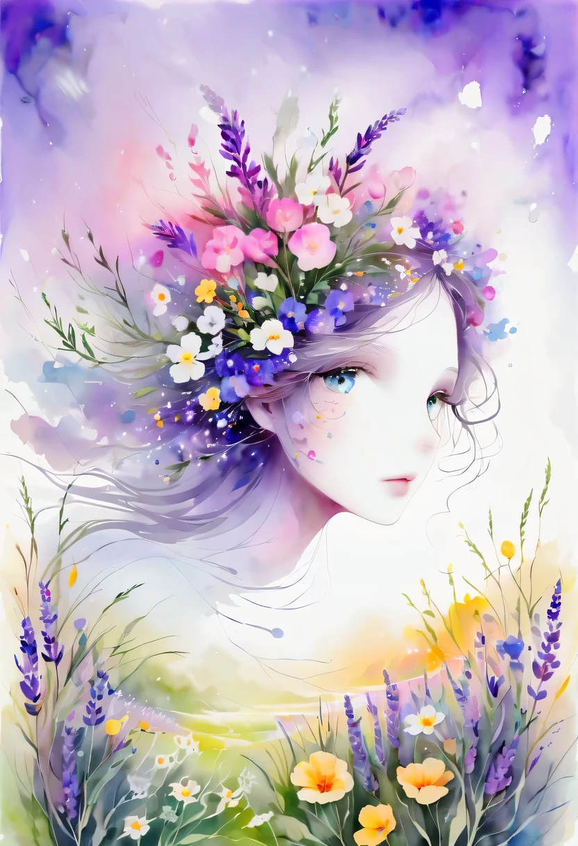 This watercolor flower painting presents an elegant and fresh visual effect。Wildflower and lavender fields，Forming the perfect combination of nature and romance。The screen is dominated by a white background，Highlight isolated watercolor flower。render with ink，Splash technology recreates wet conditions，The atmosphere seems vague and dreamy。Unique composition and abstract expression add to the artistic feel of the picture，Contains elements of surrealism。The overall color tone is mainly light tones，Lilac and green complement each other beautifully，Show high-resolution details。The splash-ink effect adds a touch of agility to the picture，The light color gives the flowers a deep and restrained beauty.。