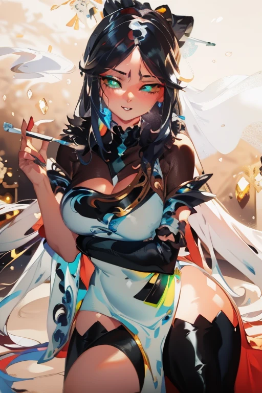 {{masterpiece}}, best quality, extremely detailed CG unity 8k wallpaper, cinematic lighting, lens flare, beautiful detail eyes, black,  side glance,  multicolor hair, colorful light, particles, heterochromia, (colorful:1.5), (colorful hair:1.5),