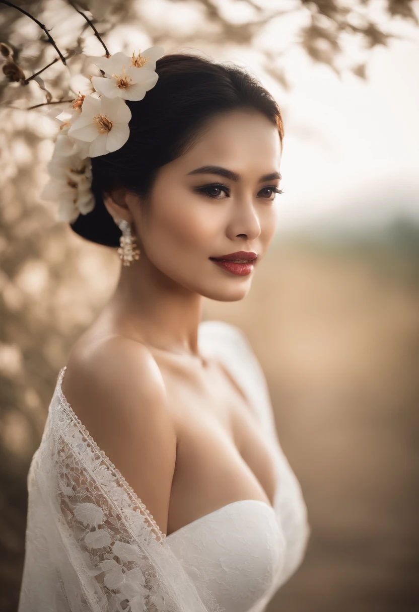 Very beautiful woman from Indonesia, flowers tucked in her ears, wearing a white kebaya Indonesian version without a bra, breasts clearly visible, wearing a long split cloth, thighs clearly visible, professional model pose, perfectly proportional body.