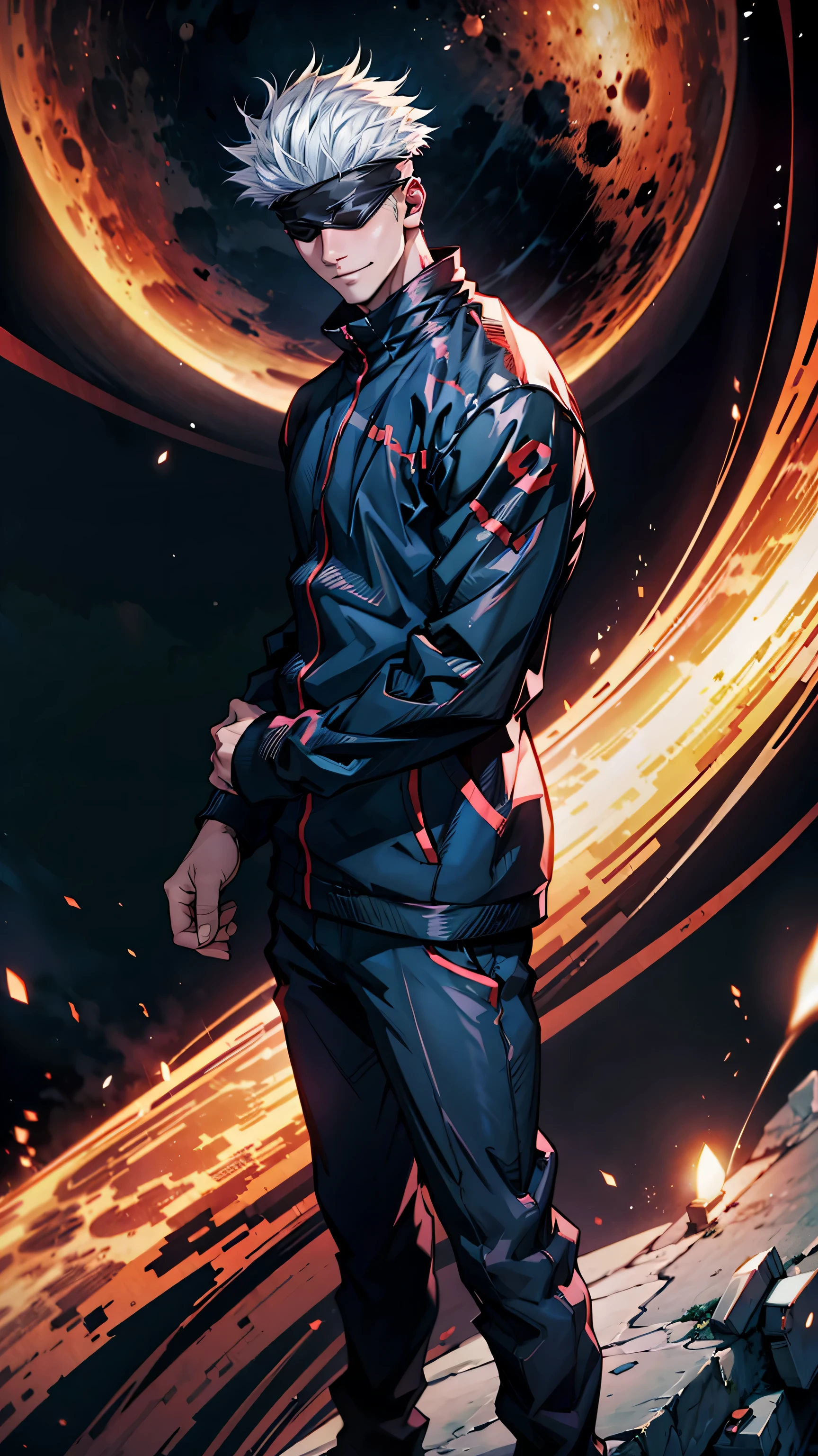 1boy, full body shot, satoru gojo, blindfold, black outfit, white hair, use skill pose (( red energy void in right hand,blue energy void in left hand)), smirk, red and blue moon background, wallpaper, cinematic,High resolution 8K, Bright light illumination, lens flare, sharpness, masterpiece, top-quality, The ultra -The high-definition, high resolution, extremely details CG, Anime style, Film Portrait Photography,masterpiece,hyperdetail