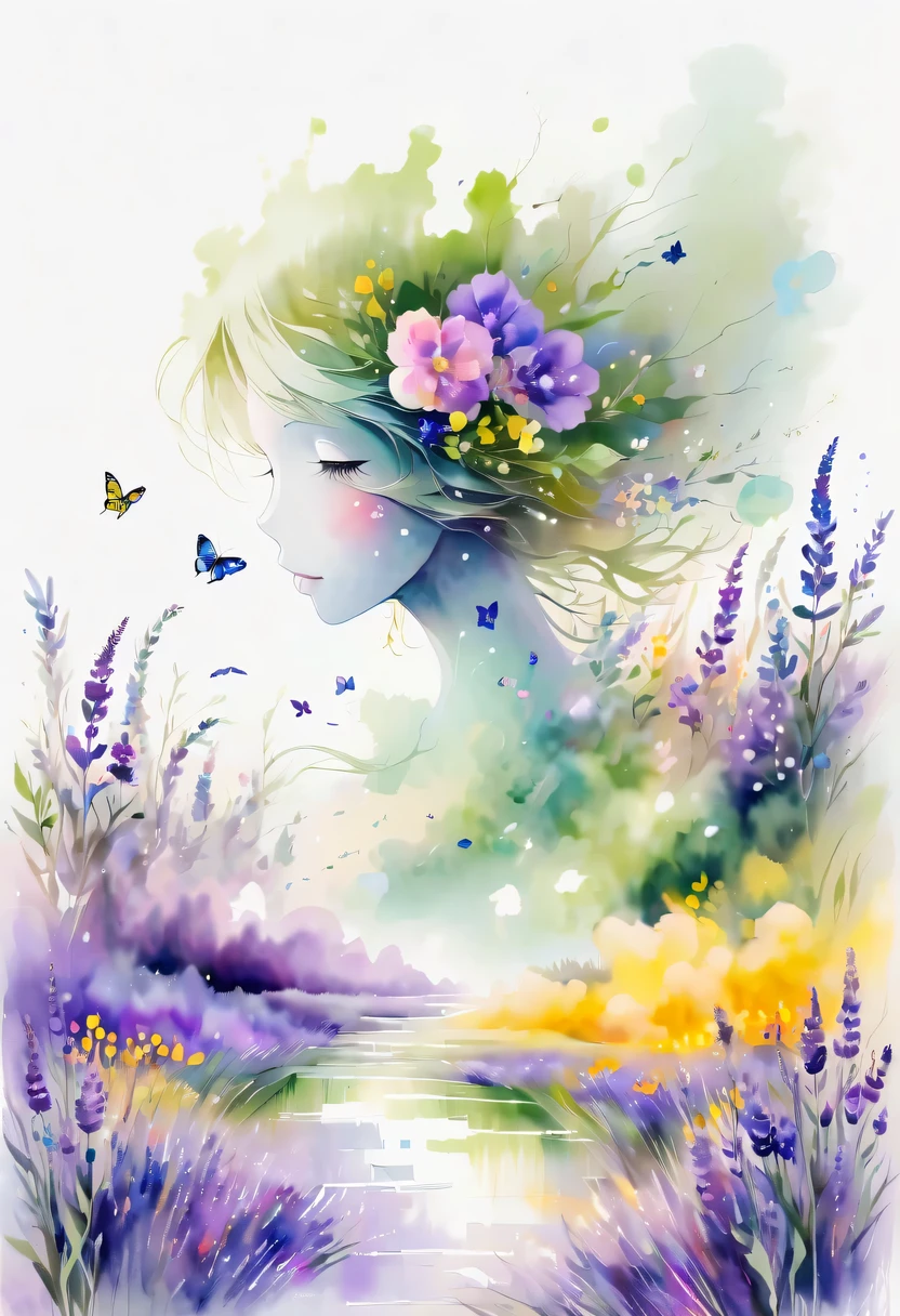 This watercolor flower painting presents an elegant and fresh visual effect。Wildflower and lavender fields，Forming the perfect combination of nature and romance。The screen is dominated by a white background，Highlight isolated watercolor flower。Splash technology recreates wet conditions，The atmosphere seems vague and dreamy。Unique composition and abstract expression add to the artistic feel of the picture，Contains elements of surrealism。The overall color tone is mainly light tones，Lilac and green complement each other beautifully，Show high-resolution details。The splash-ink effect adds a touch of agility to the picture，The light color gives the flowers a deep and restrained beauty.。