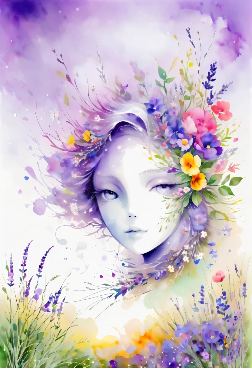 This watercolor flower painting presents an elegant and fresh visual effect。Wildflower and lavender fields,Forming the perfect combination of nature and romance。The screen is dominated by a white background,Highlight isolated watercolor flower。Splash technology recreates wet conditions,The atmosphere seems vague and dreamy。Unique composition and abstract expression add to the artistic feel of the picture,Contains elements of surrealism。The overall color tone is mainly light tones,Lilac and green complement each other beautifully,Show high-resolution details。The splash-ink effect adds a touch of agility to the picture,The light color gives the flowers a deep and restrained beauty.。