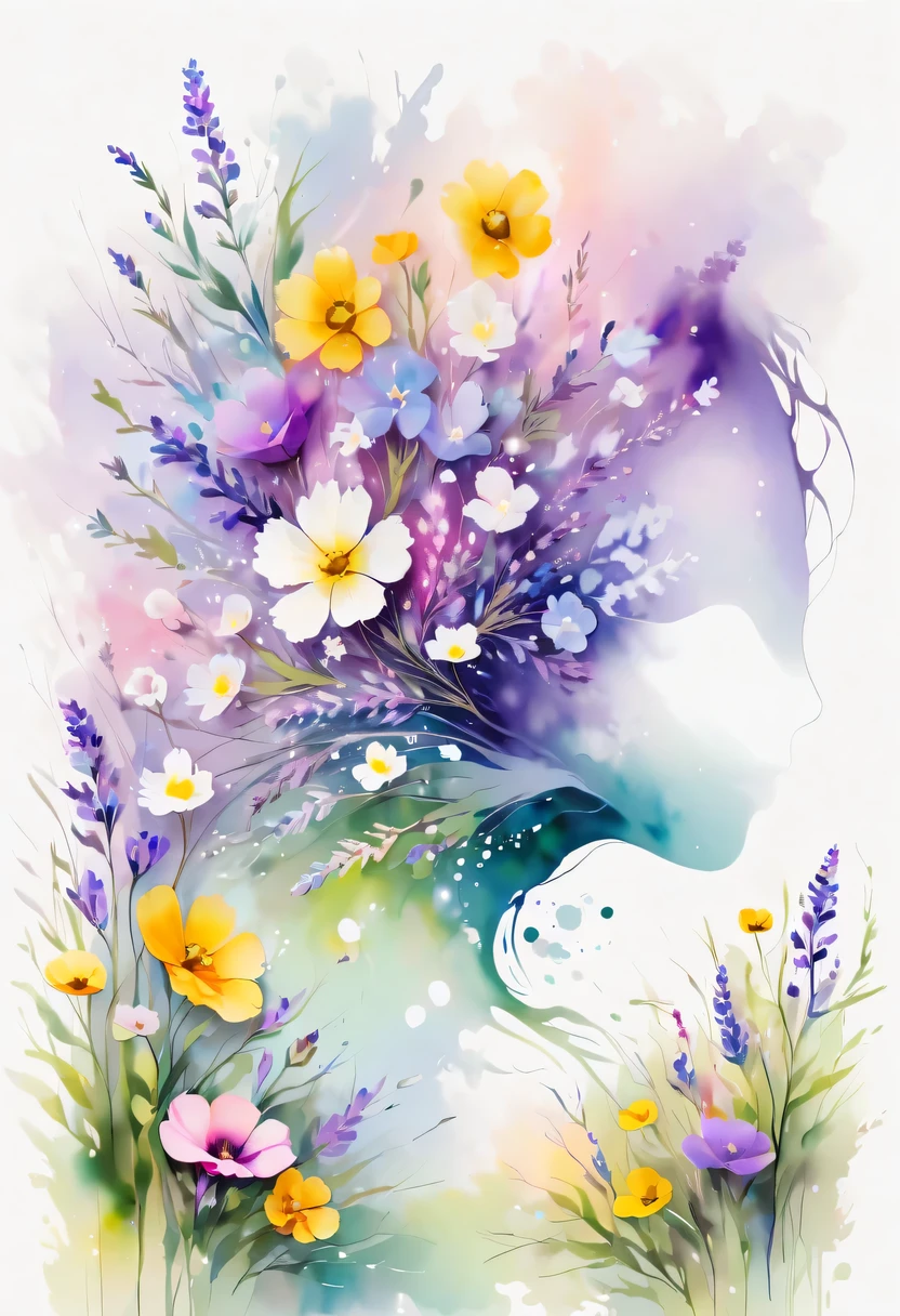 This watercolor flower painting presents an elegant and fresh visual effect。Wildflower and lavender fields，Forming the perfect combination of nature and romance。The screen is dominated by a white background，Highlight isolated watercolor flower。Splash technology recreates wet conditions，The atmosphere seems vague and dreamy。Unique composition and abstract expression add to the artistic feel of the picture，Contains elements of surrealism。The overall color tone is mainly light tones，Lilac and green complement each other beautifully，Show high-resolution details。The splash-ink effect adds a touch of agility to the picture，The light color gives the flowers a deep and restrained beauty.。