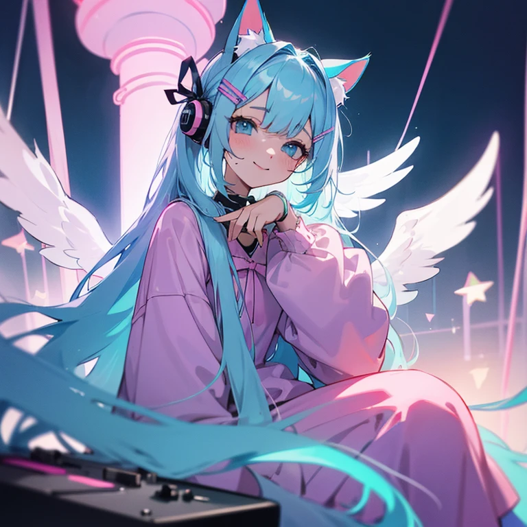 light blue hair, long hair, hair clip, hair ribbon, mole under eye, cat ear headphones, Pastel colored rooms, sitting, beautiful girl, A little juvenile, angel ring, DJ, gentle smile, pink clothes, White Inner, night view