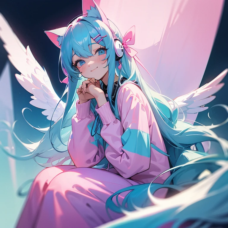 light blue hair, long hair, hair clip, hair ribbon, mole under eye, cat ear headphones, Pastel colored rooms, sitting, beautiful girl, A little juvenile, angel ring, DJ, gentle smile, pink clothes, White Inner, night view