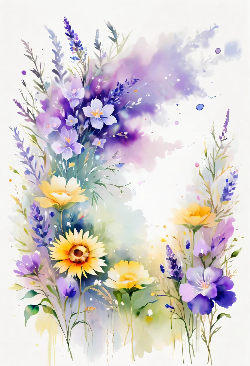 This watercolor flower painting presents an elegant and fresh visual effect。Wildflower and lavender fields，Forming the perfect combination of nature and romance。The screen is dominated by a white background，Highlight isolated watercolor flower。Splash technology recreates wet conditions，The atmosphere seems vague and dreamy。Unique composition and abstract expression add to the artistic feel of the picture，Contains elements of surrealism。The overall color tone is mainly light tones，Lilac and green complement each other beautifully，Show high-resolution details。The splash-ink effect adds a touch of agility to the picture，The light color gives the flowers a deep and restrained beauty.。