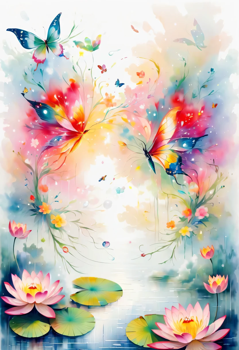 This abstract watercolor flower painting offers a light and refreshing visual effect。Lotus flowers and butterflies intertwined in the lake，Forming the perfect combination of nature and romance。The screen is dominated by a white background，Highlight isolated watercolor flower。Splash technology recreates wet conditions，The atmosphere seems vague and dreamy。Unique composition and abstract expression add to the artistic feel of the picture，Contains elements of surrealism。The overall color tone is mainly light tones，Red and gold complement each other，Show high-resolution details。The splash-ink effect adds a touch of agility to the picture，The light color gives the flowers a deep and restrained beauty.