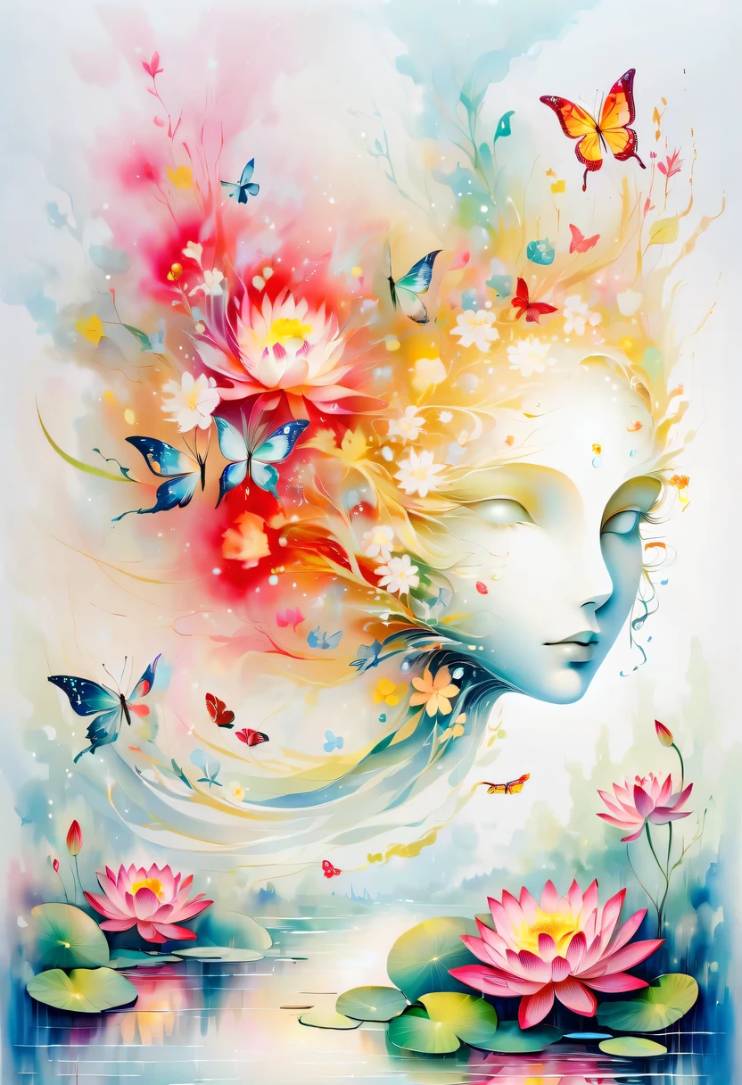 This abstract watercolor flower painting offers a light and refreshing visual effect。Lotus flowers and butterflies intertwined in the lake,Forming the perfect combination of nature and romance。The screen is dominated by a white background,Highlight isolated watercolor flower。Splash technology recreates wet conditions,The atmosphere seems vague and dreamy。Unique composition and abstract expression add to the artistic feel of the picture,Contains elements of surrealism。The overall color tone is mainly light tones,Red and gold complement each other,Show high-resolution details。The splash-ink effect adds a touch of agility to the picture,The light color gives the flowers a deep and restrained beauty.