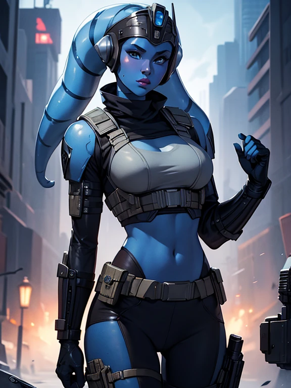 ((Masterpiece)), ((best quality)), ultra detailed, ((blue skin:1.3)), (twi'lek), standing, throwing grenade, explosions, (wearing military jacket, bulletproof vest, black trousers, black pants, tight, boots, (busty), slender body, thin, slim sexy body, slim waist, medium breasts), , Star Wars, battle, cinematic lighting , sci-fi city, cyberpunk