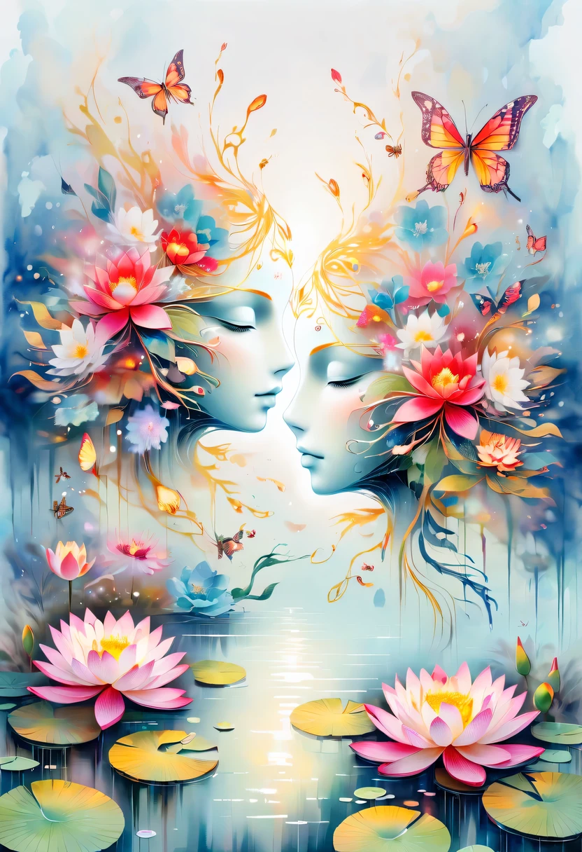 This abstract watercolor flower painting offers a light and refreshing visual effect。Lotus flowers and butterflies intertwined in the lake,Forming the perfect combination of nature and romance。The screen is dominated by a white background,Highlight isolated watercolor flower。Splash technology recreates wet conditions,The atmosphere seems vague and dreamy。Unique composition and abstract expression add to the artistic feel of the picture,Contains elements of surrealism。The overall color tone is mainly light tones,Red and gold complement each other,Show high-resolution details。The splash-ink effect adds a touch of agility to the picture,The light color gives the flowers a deep and restrained beauty.